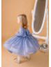 Long Sleeves Blue Glitter V Back Flower Girl Dress